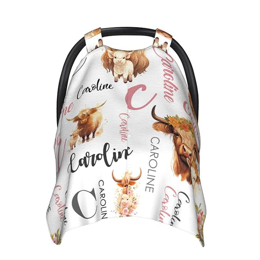 Personalized Highland Cow Carseat Cover for Baby Custom Name Car Seat Canopy for Newborn Baby Boys Girls 2 in 1 Mom Nursing Breastfeeding Covers Minky Baby Carrier Stroller Covers