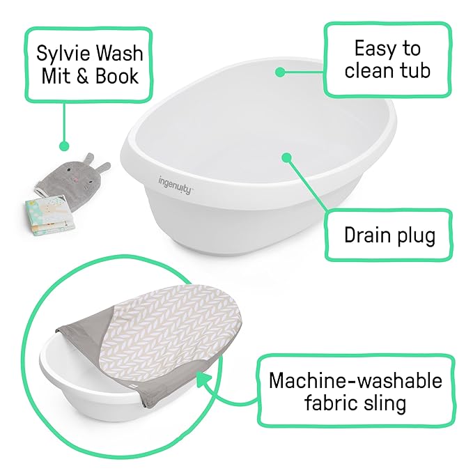 Ingenuity Sylvi Full Comfort 3-in-1 Grow with Me Baby Tub, Newborn to Toddler Baby Bath Tub, Supportive Sling, Includes Sylvie Wash Mit & Book, Easy Release Drain Plug, 0M+