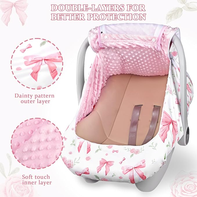 Car Seat Cover Baby Girls Winter, Dual Zipper Infant Carseat Covers with Breathable Mesh, Universal & Warm Protection Canopy Snug Fit Baby Carseats & Strollers, Pink Rose