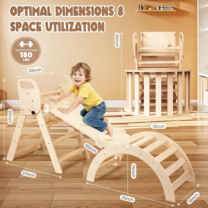 Pikler Triangle Set Foldable Wooden Toddler Climbing Toys Indoor, Playground Jungle Gym for Kids, Montessori Climbing Set for Toddlers