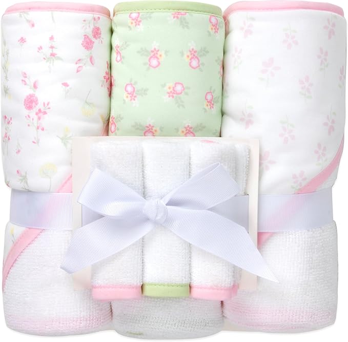 Jessica Simpson Baby 6-Piece Hooded Towel & Washcloth Set – Soft Polyester Baby Bath Towels – Pink & Green Floral Design