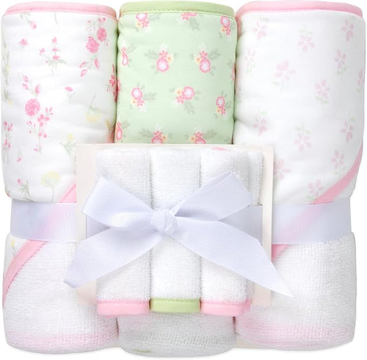 Jessica Simpson Baby 6-Piece Hooded Towel & Washcloth Set – Soft Polyester Baby Bath Towels – Pink & Green Floral Design