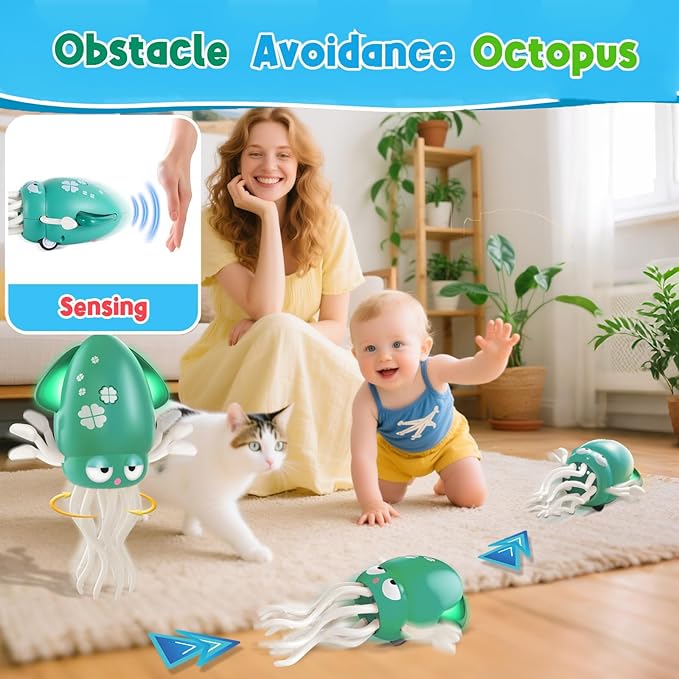 Electric Dancing Crawling Octopus Baby Toy,Squid Tummy Time Toy for Kids Baby,Automatic Evasion,with LED Lights & Music,Birthday Gift.