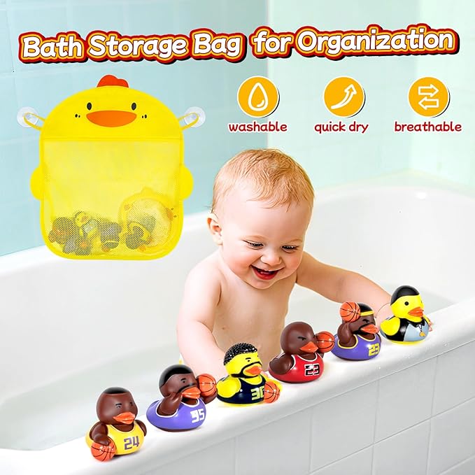 No Hole Bath Toys for Kids Ages 1-3, Sealed Bath Toys Design Keeps Water Out, Basketball Rubber Duck, Baby & Toddler Bathtub Toys(with Storage and Net)