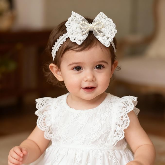 Handmade Baby Girl Headbands in Beige Baby Bows and Floral Lace Headband Bows for Newborns and Toddlers Cute Baby Girl Bows and Newborn Headband Bows