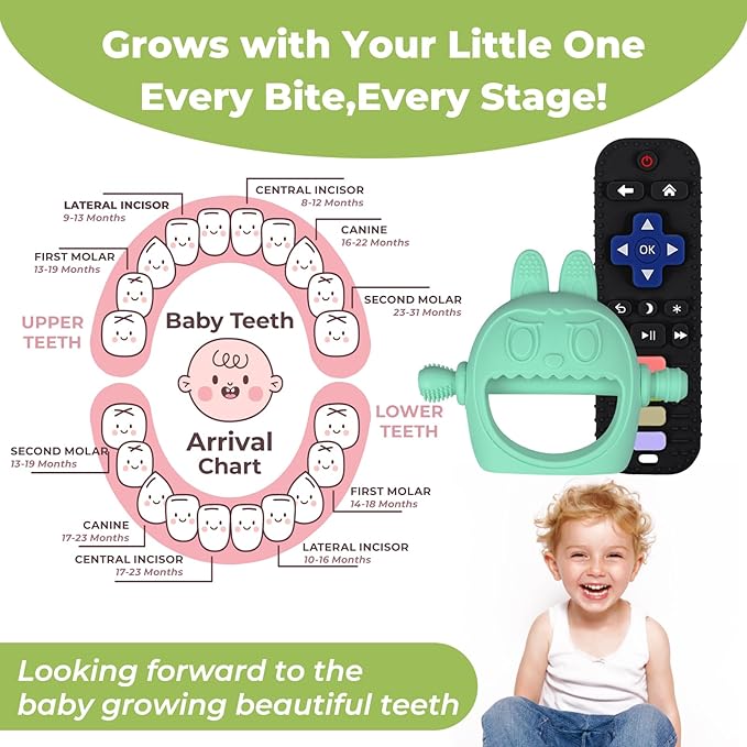 Teething Toys 3-18 Months Baby Teether Toy Toddler Remote Teether for Babies Silicone Hand Teether Mitten Control Remote Teething Glove Set, BPA Free