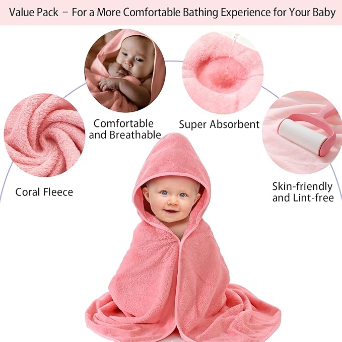 4 Pack Hooded Baby Towels, 32x32 Inch Absorbent Bath Towels, Soft Coral Fleece Hooded Towel for Newborns, Infants, and Toddlers – Baby Bath Essentials (2X White + 2X Pink)
