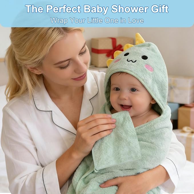 14PCS Baby Bath Towels Set, 4PCS Animal Hooded Baby Towels(31.5''x31.5'') & 10PCS Washcloths for Newborn, Toddler, Soft and Absorbent Coral Fleece, Essential Gifts for Boys & Girls