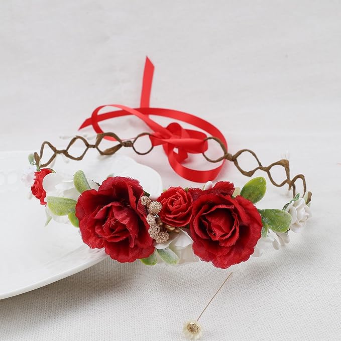 Flower Girl Flower Crown Pink Baby Girls Floral Headpieces Kids Headband Children Hair Wreath Photo Prop (Dark Red-Child Size)