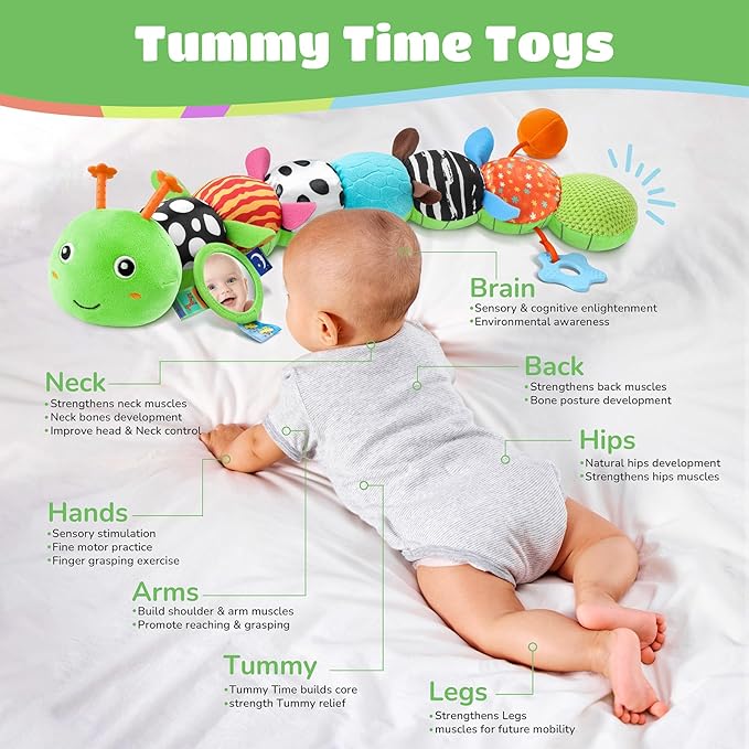 AWOTOY Baby Toys 6-12 Months Music Caterpillar Infant Toys Stuffed Animals 0-3-6 Months Tummy Time Teething Sensory Toys with Mirror Rattle&Pull String Boys Girls Birthday Gifts Easter Basket Stuffer