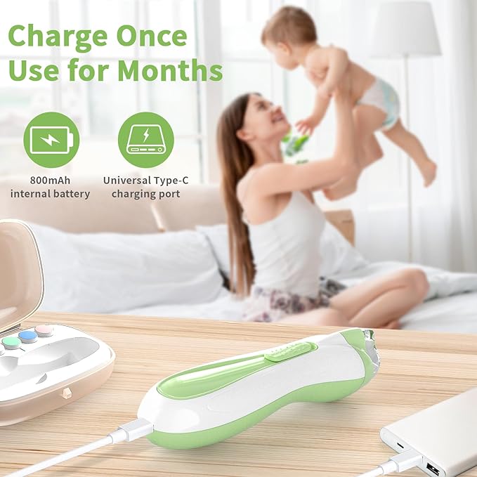 Baby Nail File Electric Baby Nail Care Set with LED Light, Baby Nail Clipper Electric for Newborn/Infants/Adults Toenails and Fingernails, 7 Grinding Head Replacement Pads, Green
