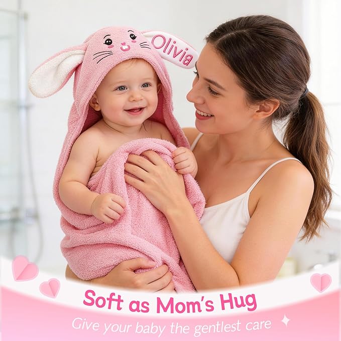 Custom Hooded Bath Towel with Name, Personalized Highly Absorbent Bunny Towels, Baby Bath Towels for Girls Boys, Brithday Easter Gifts for Baby, Toddler, Newborn, Infant (Pink)