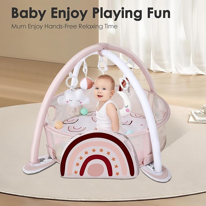 dearlomum 4-in-1 Baby Play Mat Baby Gym, Activity Play Mat for Floor Exercise Gym Ball Pit Including 30 Balls with 5 Infant Learning Sensory Baby Toys for Newborn Toddler Boy & Girl Gifts(Rainbow)