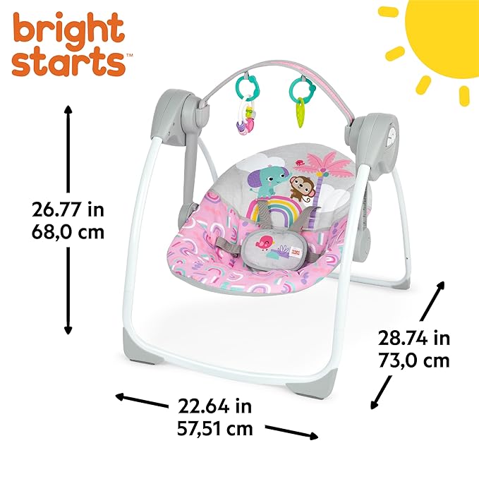 Bright Starts Pink Paradise Portable Compact Automatic Baby Swing with Music, Unisex, Newborn +