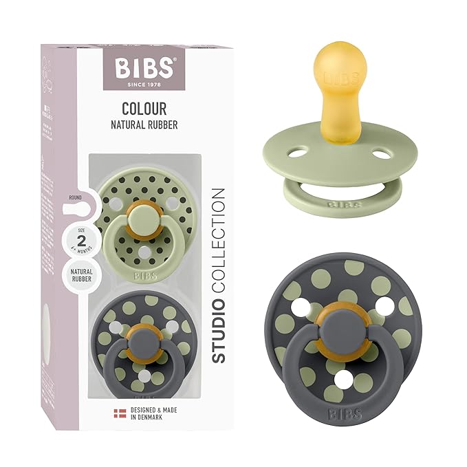 BIBS Polka Dots Pacifier 2-Pack, BPA Free Pacifiers with a Round Latex Nipple, Made in Scandinavia, Size 2 (6-18 Months), Sage/Iron