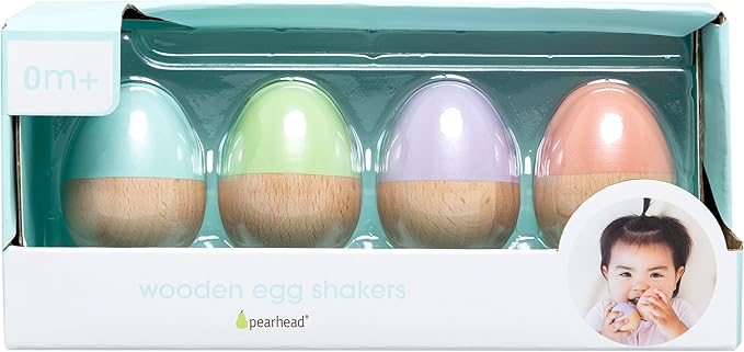 Pearhead Wooden Egg Shaker Baby Toy Set – 4-Piece Montessori Musical Sensory Toy, FSC-Certified Wood, Develops Rhythm & Fine Motor Skills, Pastel Baby Maracas for Boys and Girls, 0+ Months