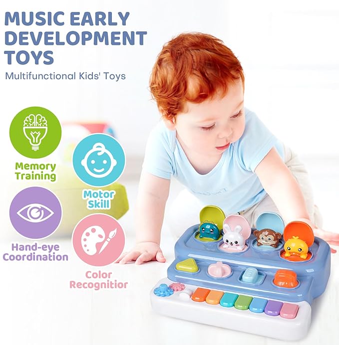 Interactive Pop Up Music Piano Toy with Music & Lights, Montessori Animal Cause and Effect Toys, STEM Learning Educational Baby Toy for Toddlers 1-3 Years Old, Gift for Infants 6-12 Months