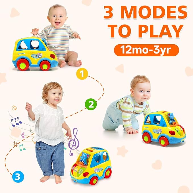 Baby Toys for 1 Year Old Boy Girl Gift Musical Bus Baby Toys 6-12-18 Months Toddler Early Learning Montessori Crawling Toy for 1 2 3 Year Old Boy with Music/Light/Smart Shapes Christmas Birthday Gifts