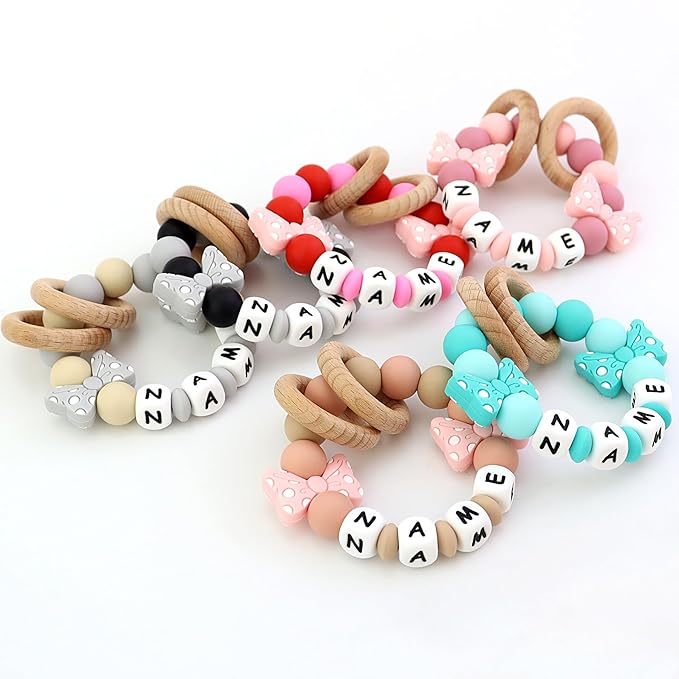 Personalized Baby Teether Ring with Name Custom Silicone Rattle Teething Bracelet with Natural Beech Wood Customizable Toddler Newborn Baby