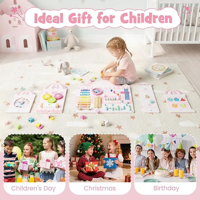 Olakids Pink Castle Sensory Wall, 11 in 1 Wooden Montessori Busy Board Panel, Toddler Wall Mounted Activity Center, Educational Toys Learning Gift for Boys Girls