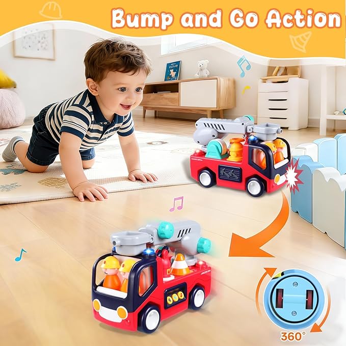Yunaking Fire Truck Toys for 2 Year Old Boys Girls Montessori Early Educational Learning Toy with Firefighting Tools Baby Push Cars for 2 3 Year Old Boy Birthday Gifts with Sound Lights Effect