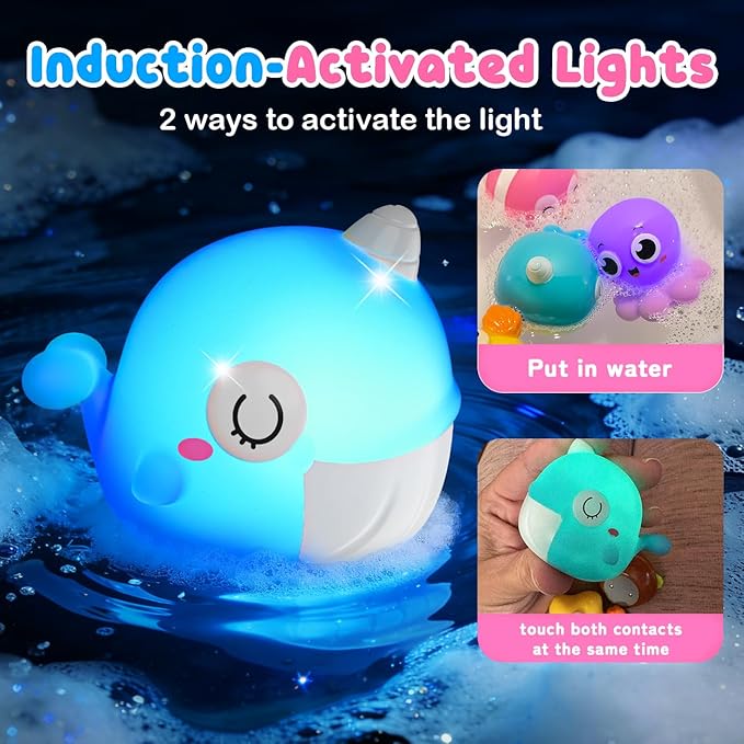 Light Up Bath Toys for Kids Ages 1-3, Pool Toys for 1 2 3 Year Old Girl Boy, Water Activated Bath Toys for Toddlers 3-5, Glowing Bathtub Toys for Baby Boy & Girl Gifts, 6 Pack
