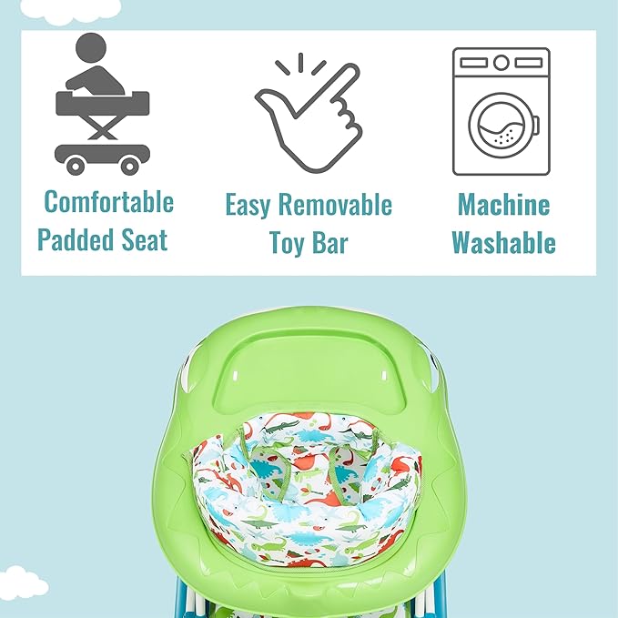 Dream On Me Baby Steps Baby Walker in Blue and Green, Adjustable Three Position Height Setting, Removable Tray, Easy to Fold and Store Baby Walker