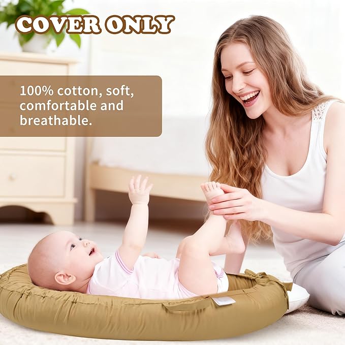 Baby Lounger Cover for Boys and Girls, Khaki 100% Cotton Baby Nest Cover, Breathable Replacement Cover for Infant and Newborn Snuggle Me Lounger, Cover Only