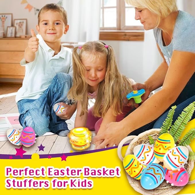 Easter Basket Stuffers for Kids-6 Packs Light Up Spinning Tops Toys with Music Easter Gifts Toys for Kids Toddlers Easter Eggs Fillers Easter Basket Essentials