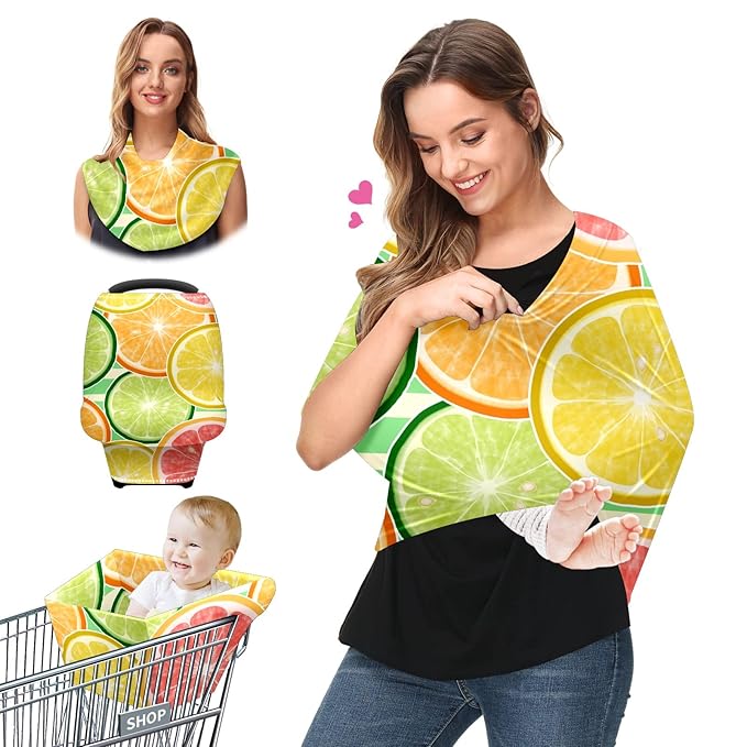 Baby Car Seat Stroller Covers Citrus Lemon Orange Slices Fruit Nursing Cover Breastfeeding Scarf Soft Breathable Stretchy Infant Car Canopy Coverage Carseat Cover for Boys and Girls Multi Use
