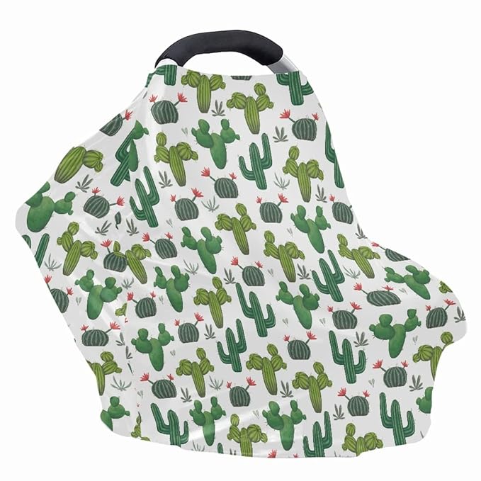 KIDVOVOU Car Seat Covers Canopy Cover - Multi-use Cover Carseat Canopy, Green Catcus Print Breathable Breastfeeding Cover, Car Seat Covers for Babies