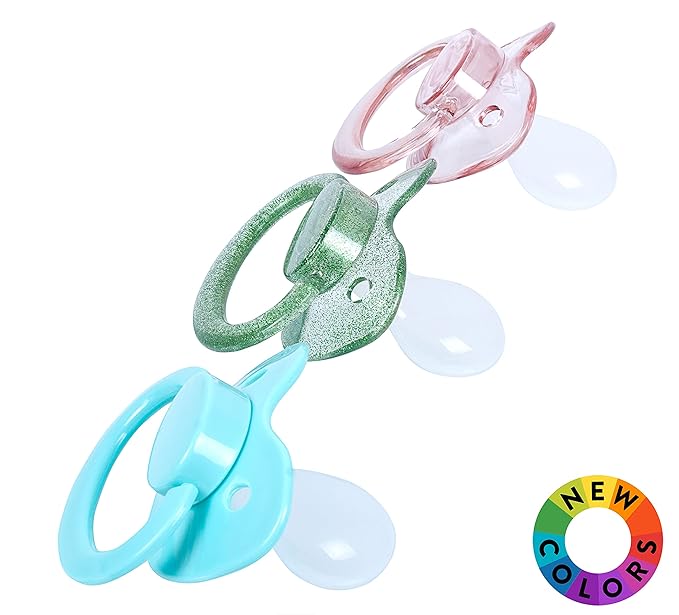 J&Or The Classic Original Adult Sized Pacifier Dummy - Three Color Pack - Transparent Pink | Turquoise | Glitter Green