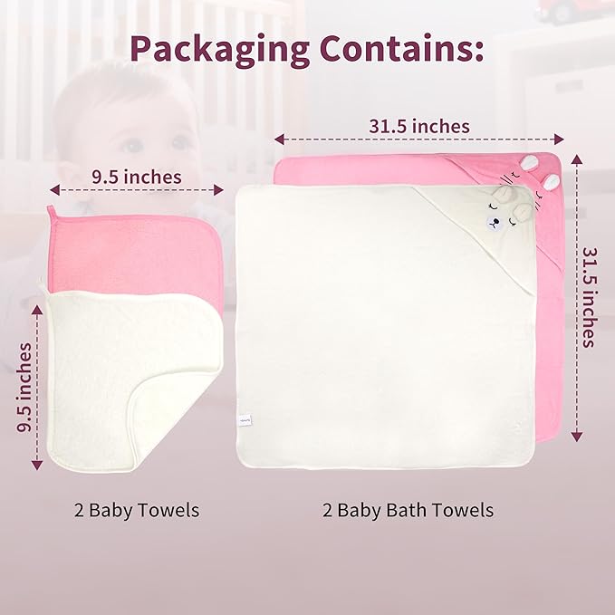 HBHLFZ 4-Pack Baby Bath Towels,Set of 2 Hooded Baby Bath Towels and 2 Baby Face Towels, Super Soft,Highly Absorbent,31.5x31.5inch,Suitable for Newborns,Toddlers and Children,Unisex（Kitten, Bear）