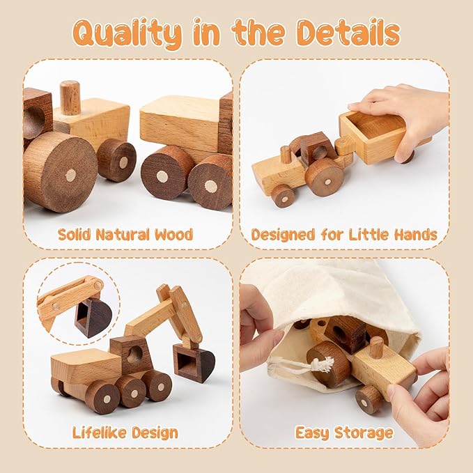 Wooden Toy Cars for 3 Year Old Boys & Girls - Construction Vehicles Set Push Toys for Toddlers, Wood Montessori Car with Rolling Wheels, Natural Wood Toys (Excavator & Tractor)