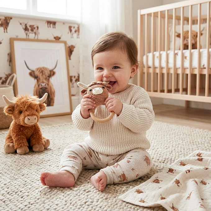 Wooden Baby Rattle for Boys and Girls, Crochet Stuffed Animal for Newborn, 3 4 5 6 Month Toys, Highland Cow