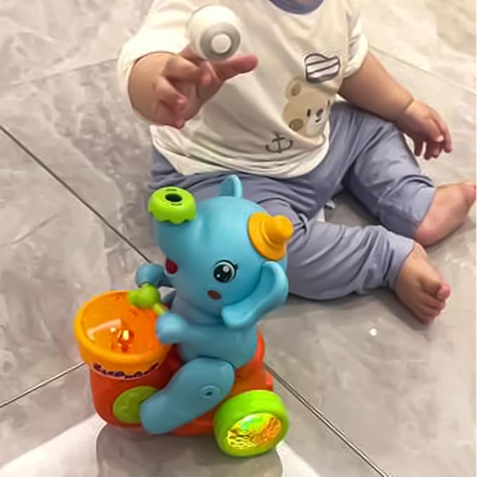 Musical Walking Elephant Drummer Toy Multifunctional Drumming Car Blow Floating Ball Tricycle Children's Drum with LED Lights