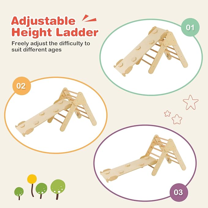 HONEY JOY 5 in 1 Wooden Climbing Toys for Toddlers, Triangle Climber with Ramp for Sliding or Climbing, Indoor Beech Montessori Triangle Climbing Arch Set for Daycare, Gym & Playground, Natural