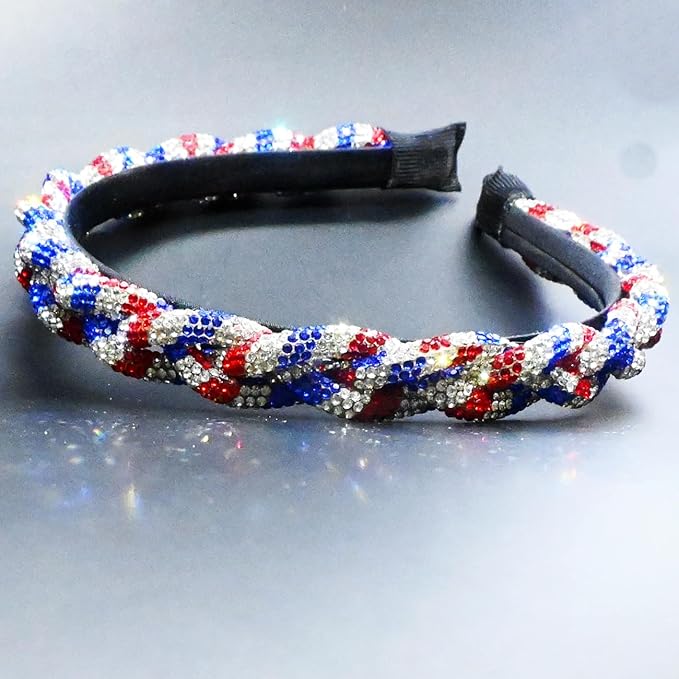 4th of July Rhinestone Headbands for Women Girls Stripes Twist Hairband for Girls Red Blue White Rhinestone Sparkle Head Band Patriotic Hair Accessories