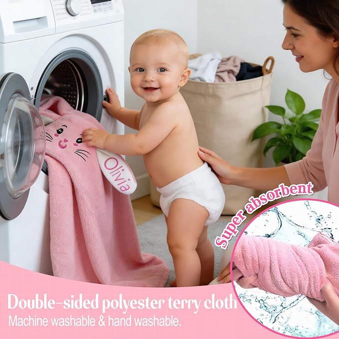 Custom Hooded Bath Towel with Name, Personalized Highly Absorbent Bunny Towels, Baby Bath Towels for Girls Boys, Brithday Easter Gifts for Baby, Toddler, Newborn, Infant (Pink)