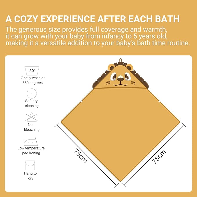 MICHLEY Bamboo Viscose Baby Hooded Bath Towel for Boys and Girls, 29.5 x 29.5 Inch Ultra-Soft and Quick-Drying Infant Bathrobe (Lion)
