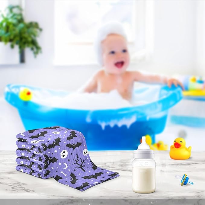 Halloween Bats Skull Baby Washcloths Newborn Muslin Burp Cloths 3 Pack Soft Cotton Baby Face Bath Towel Drool Bibs for Infants, Girls and Boys 11.8 x 11.8 Inch