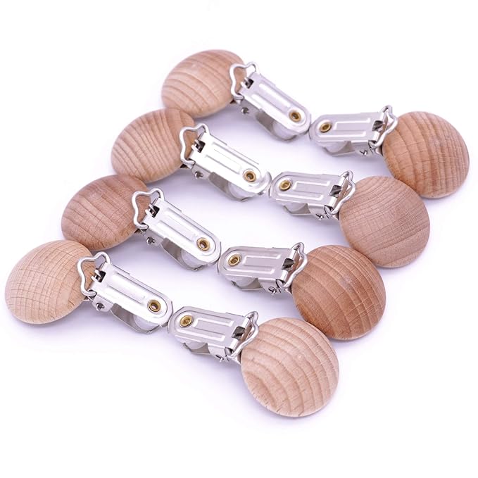 10Pcs 30mm (1.18") Natural Wood Pacifier Holder Round Beech Metal Wooden Pacifier Clip Suspender Clips DIY Pacifier Chain Accessories