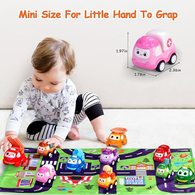 Toy Cars for 1 Year Old: 10 Pack Cute Vehicle with Playmat for 1 2 Year Old Boy Birthday Gift - Baby Toys 12-18 Months