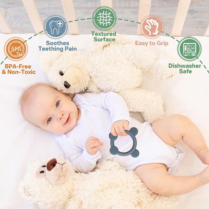 Meartchy 3 Pack Baby Teether, Bear-Shaped Silicone Teething Toys for Infants 0-24 Months, BPA-Free Chew Toys to Soothe Sore Gums (Pale Pink & Green & Blue)