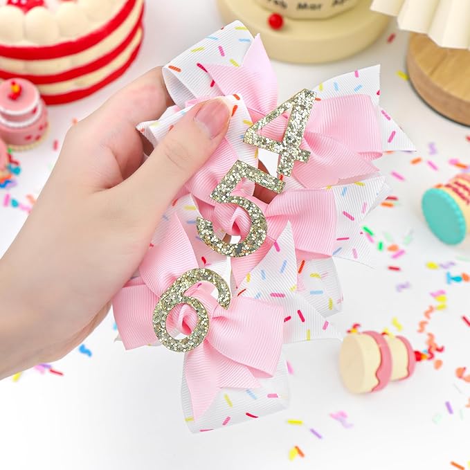 YanJie 1pcs 4'' Baby Hair Bow for 4 Years Old 4th Birthday Outfit Girl Birthday Decorations for Girl Glitter Infants Hair Clips Accessories with Bows