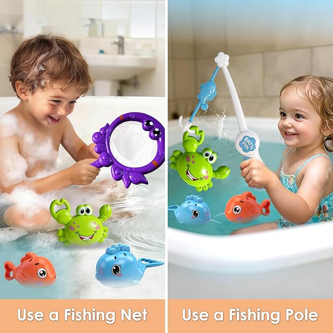 Baby Bath Toy for Toddlers, Fishing Game Bath Toy with 3 Floating Sea Animals, Fishing Pole & Fishing Net, Fun Bathtub Games for Kids Ages 18 Months+