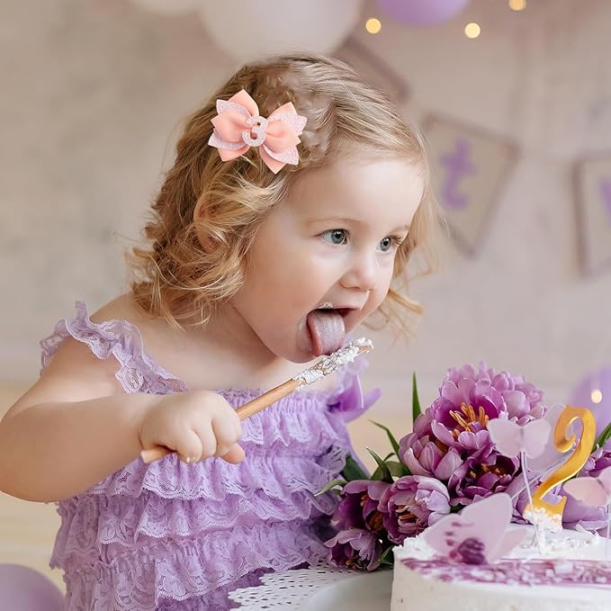 Pink Birthday Hair Bow for Baby Girls - 2Pcs Peach-pink Sprinkle Hair Clips for 3rd Birthday Glitter Baby Bow Party Decorations for Girls Toddlers Hair Accessories
