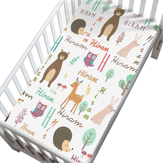 Personalized Name Mini Crib Sheet for Baby Girls Boys - Customized Monogram Pack and Play Sheets, Multiuse Sheet for Pack & Play, Playard, Playpen, Mini Crib Mattress - Cute Animal
