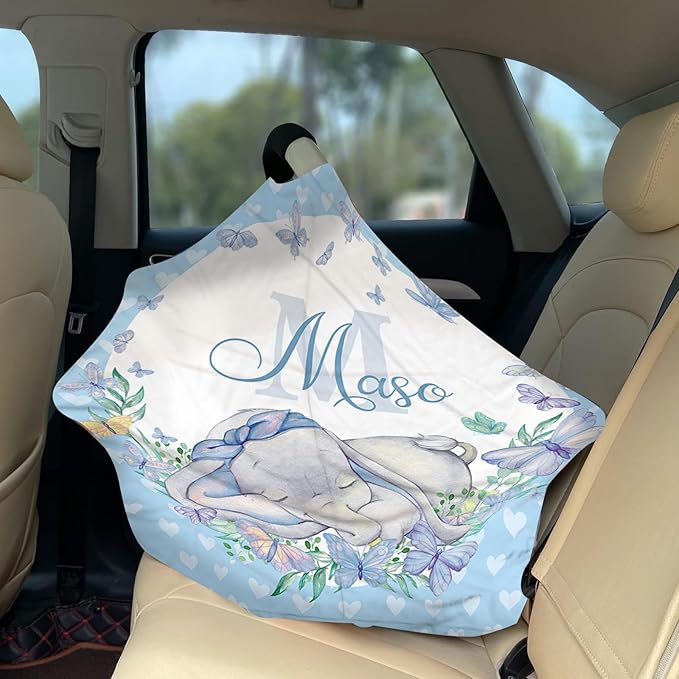 Personalized Baby Car Seat Cover Stroller Canopy: Custom Name Newborn Baby Boy Girl Elastic Sleeping Elephant Nursing Cover for Moms First Birthday Gift Blue(one Size)