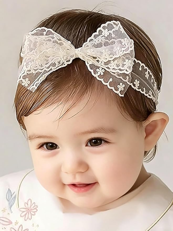 Baby Girls Bow Lace Headband Cute Soft Hairband White Butterfly Knot Headbands for Newborn Infants Toddlers Kids Christening Baptism Birthday Party Hair Accessories（Beige）